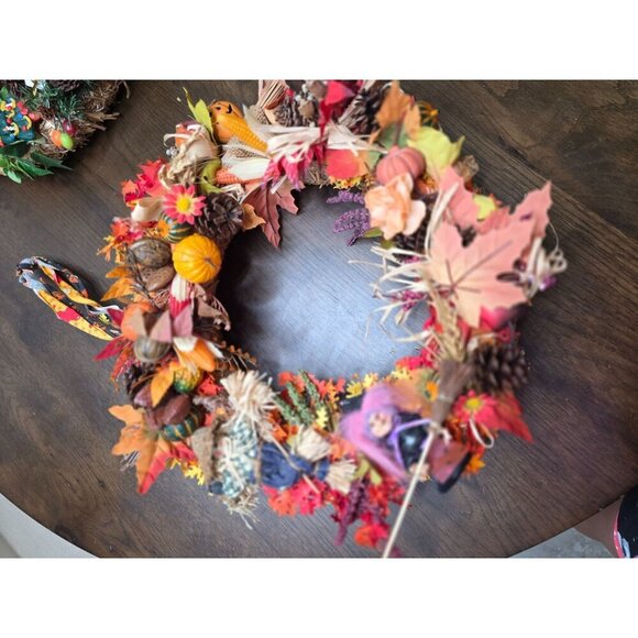 Handcrafted Fall Wreath With Mini Scarecrow & Witch Decor Straw Base Autumn Leav - Picture 2 of 14